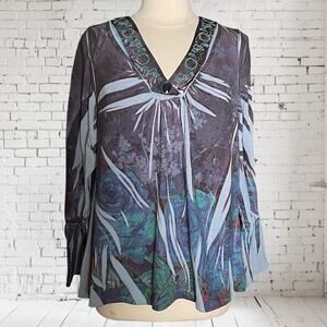 B.L.E.U. Art to Wear Floral Faux Gem V Neck Sz 1X Tunic Sweater Top Bell Sleeves